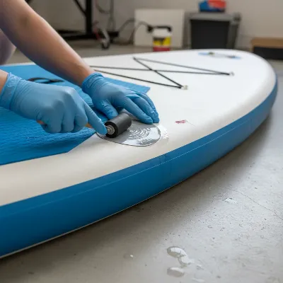 Detailed view of hands applying a patch to an inflatable paddle board, showing the process of removing air bubbles