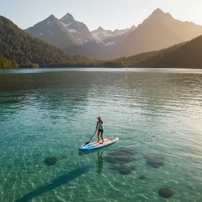 Bluefin Cruise Carbon paddle board being paddled on calm blue water with mountains in the background, sunny day, wide shot
