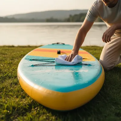 A person carefully cleaning an inflatable paddle board after use, demonstrating proper maintenance for longevity.