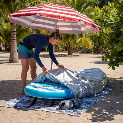 Person covering an inflatable paddle board with a UV cover in a shaded spot.