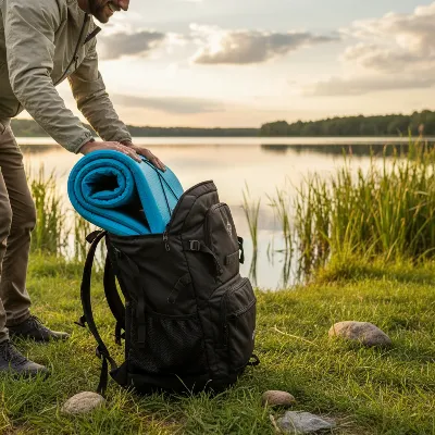Compact inflatable paddle board being rolled and placed into a carry bag, symbolizing ease of transport and storage.