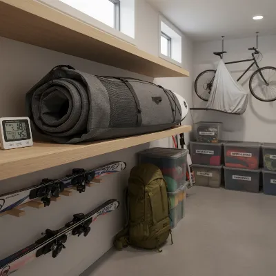 An inflatable paddle board stored loosely rolled in a breathable bag in a dry, organized storage room, demonstrating proper winter storage techniques.