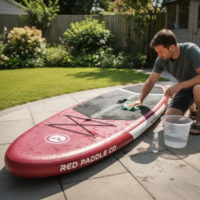 Person cleaning an inflatable paddle board after use, demonstrating proper maintenance for longevity.