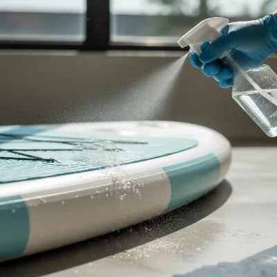 An inflatable paddle board being sprayed with soapy water to reveal air bubbles from a leak.