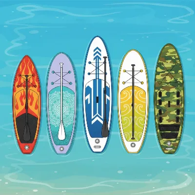 A diverse collection of inflatable paddle boards arranged to illustrate different types and sizes for various activities.