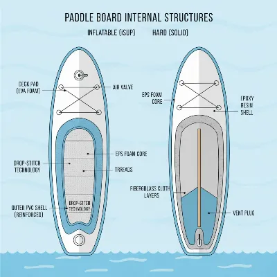 Cross-section illustration comparing inflatable and hard paddle boards.