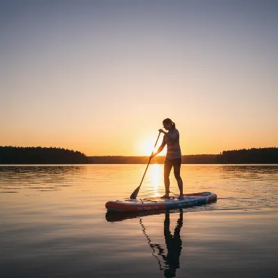 A person confidently paddling the Red Paddle Co Ride 10'6 inflatable paddle board on calm, clear water.