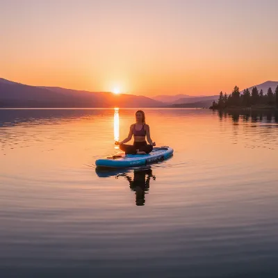 Retrospec Weekender Yogi paddle board with a woman meditating at sunset on calm lake, cinematic wide shot
