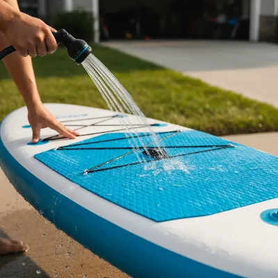 Person rinsing an inflatable paddle board with fresh water after a session.