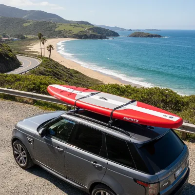 Hard paddle board securely fastened to a car roof rack, illustrating transportation needs.