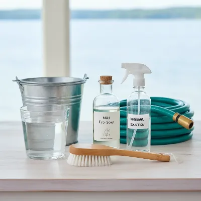 A collection of essential paddle board cleaning supplies including a soft brush, mild soap, white vinegar, and a hose.