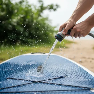 A person rinsing a paddle board deck pad with a hose after a paddling session.