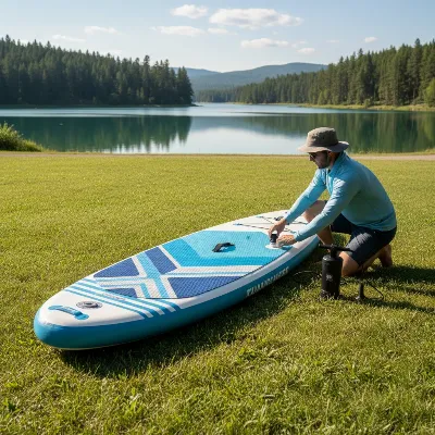 Paddleboard laid on a clean, flat surface, free of debris, ready for deflation and rolling.
