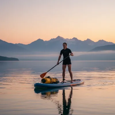An adventurous paddler stands on a sleek touring paddle board, packed with gear, on a calm lake at sunrise with mountains in the background.
